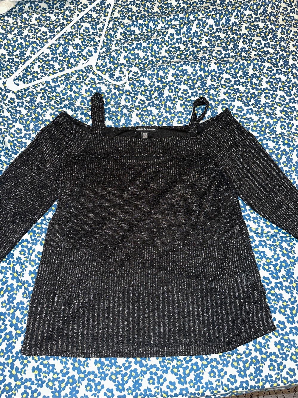 Cold-Shoulder Black Metallic Knit Blouse